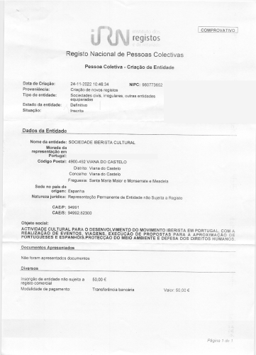 Certificado del registro de la asociación legal en Portugal